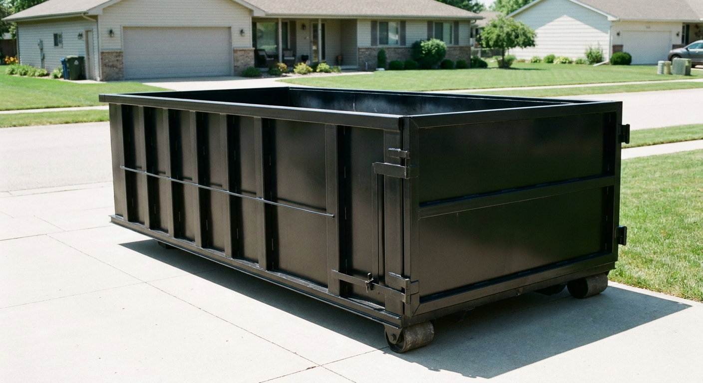 Matte-black 10-yard roll-off dumpster on a residential concrete driveway in Walnut Creek, uniformly painted matte black across every panel and rail, ribbed steel sidewalls and rear swing door visible, mid-day daylight.