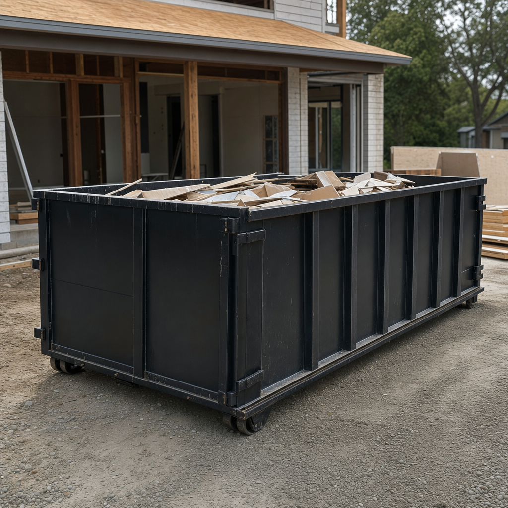 Large matte-black 30-yard construction roll-off dumpster at an active Walnut Creek jobsite, steel-gray top rails and bottom rollers visible, loaded with construction debris.