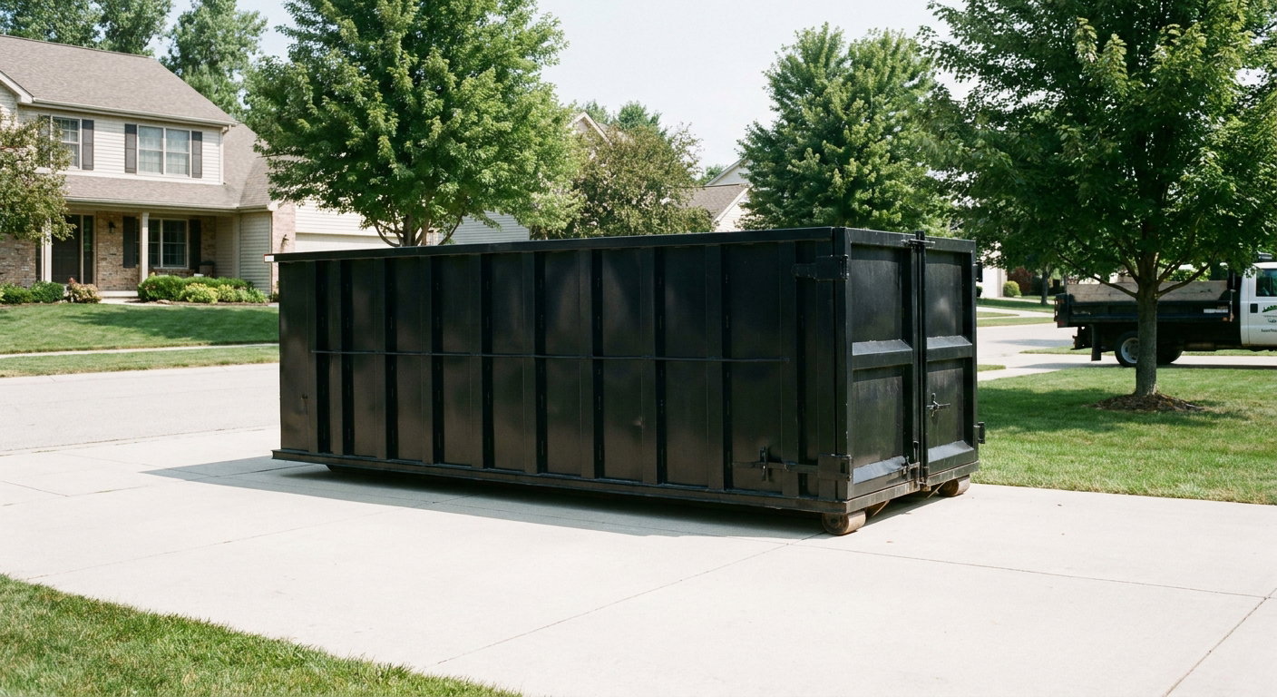 Matte-black 20-yard roll-off dumpster sitting level on a clean Walnut Creek residential concrete driveway under bright daylight, demonstrating clean placement directly on the concrete.