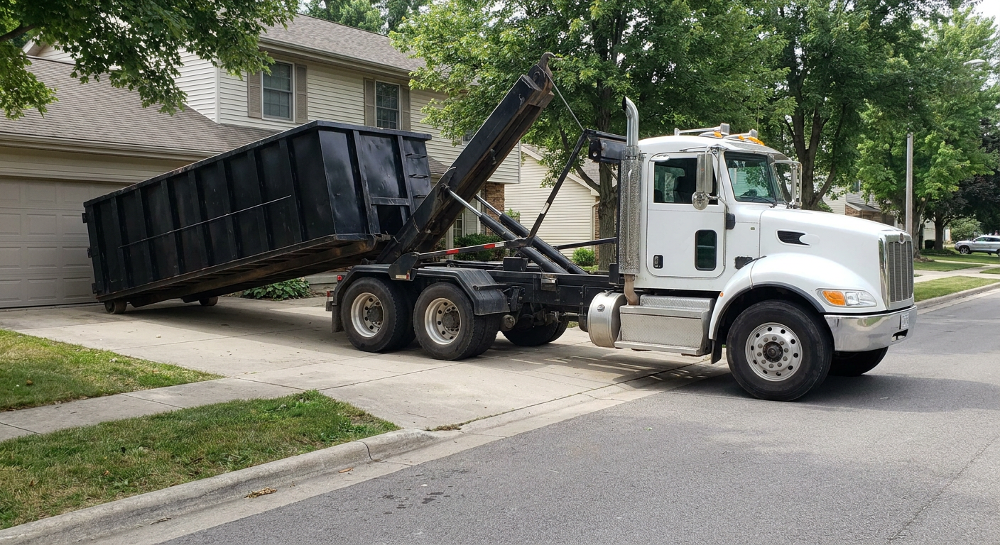 White-cab hooklift roll-off truck actively lowering a matte-black dumpster onto a Walnut Creek residential concrete driveway, the dumpster's rear wheels touching the driveway as the hoist arm tilts the bed forward, mid-morning daylight.