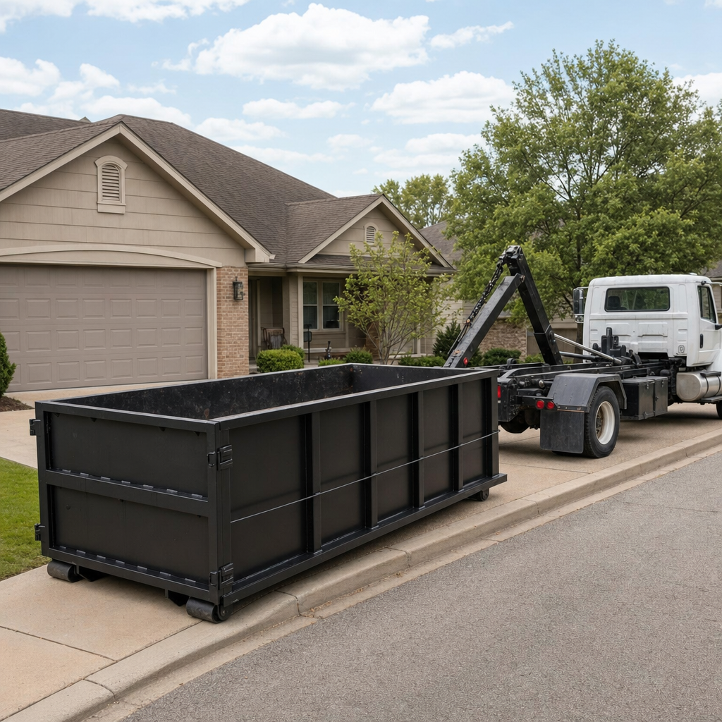 Wide documentary shot of a matte-black roll-off dumpster on a Walnut Creek residential driveway in the foreground and a contractor jobsite container in the soft-focus background, bright daylight, calm and orderly composition.